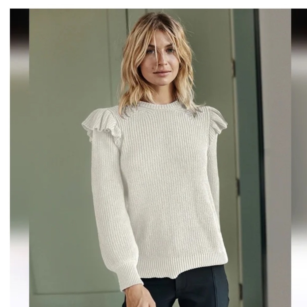 Summersalt The Flirty Ruffle‎ White Organic Cotton  Ribbed Knit Sweater Large